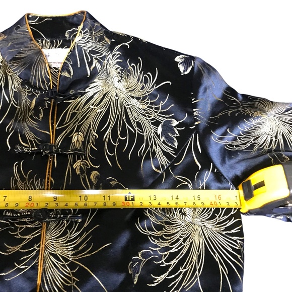Vintage Oriental Satin Embroidered Jacket – Navy Gold Floral - Picture 4 of 7